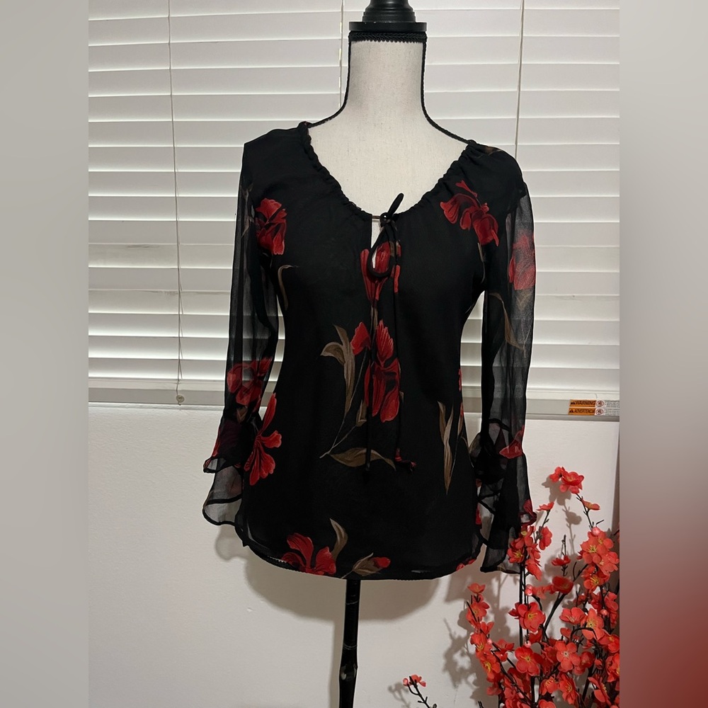 The Black Sheer Blouse with Red Floral Accents